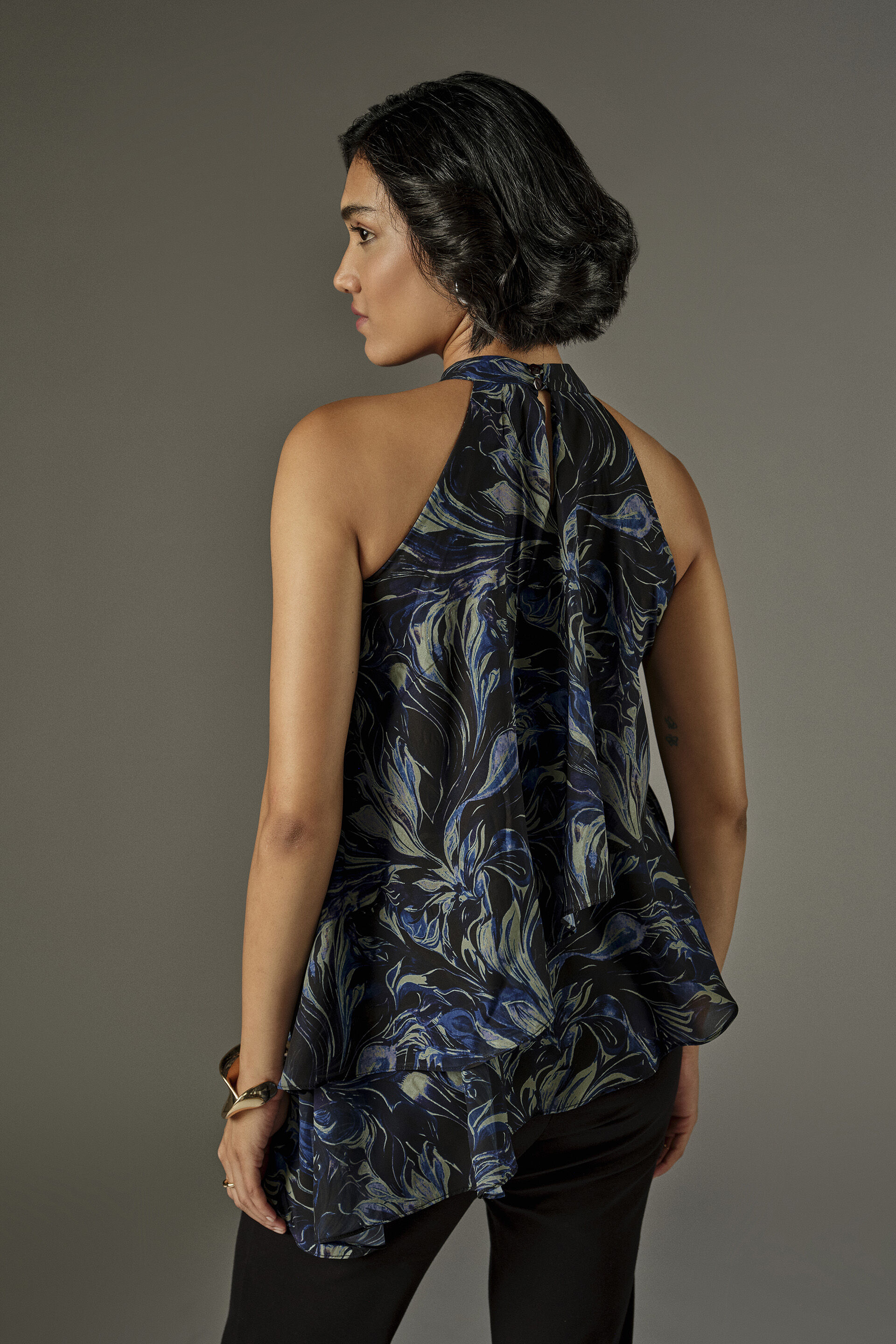 Asymmetric Abstract Print Halter Top in Blue, Blue, image 5
